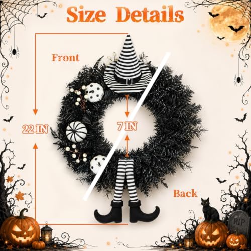 22" Spooky Halloween Wreath for Front Door with Witch Hat & Legs, alternate view 2