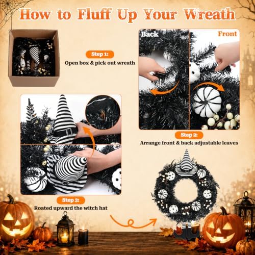 22" Spooky Halloween Wreath for Front Door with Witch Hat & Legs, alternate view 4