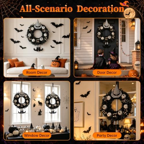 22" Spooky Halloween Wreath for Front Door with Witch Hat & Legs, alternate view 6