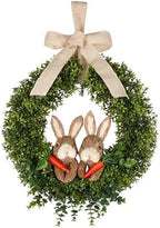 22" Spring Easter Wreath for Front Door - Easter Bunny Wreath - Artificial Green Boxwood Wreath with Burlap Bow
