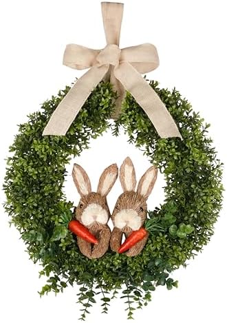 22" Spring Easter Wreath for Front Door - Easter Bunny Wreath - Artificial Green Boxwood Wreath with Burlap Bow