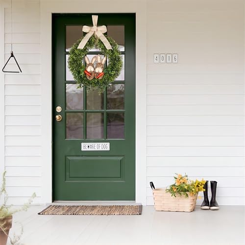 22" Spring Easter Wreath for Front Door - Easter Bunny Wreath - Artificial Green Boxwood Wreath with Burlap Bow, alternate
