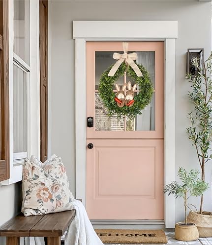 22" Spring Easter Wreath for Front Door - Easter Bunny Wreath - Artificial Green Boxwood Wreath with Burlap Bow, alternate