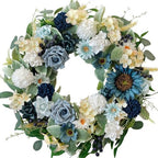 22" Spring Flower Wreath for Front Door Summer Wreaths with Sunflowers Roses Gardenias, Artificial Floral Green