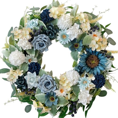 22" Spring Flower Wreath for Front Door Summer Wreaths with Sunflowers Roses Gardenias, Artificial Floral Green