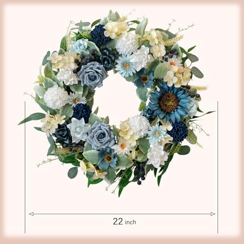 22" Spring Flower Wreath for Front Door Summer Wreaths with Sunflowers Roses Gardenias, Artificial Floral Green, alternate