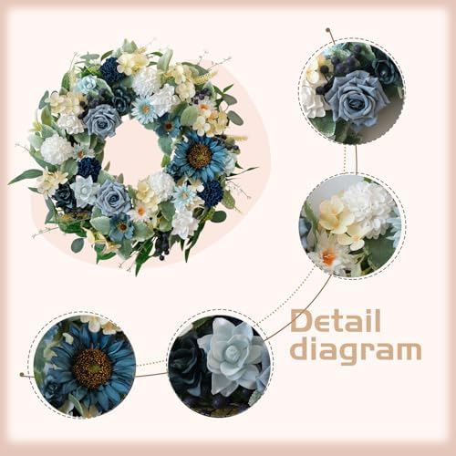 22" Spring Flower Wreath for Front Door Summer Wreaths with Sunflowers Roses Gardenias, Artificial Floral Green, alternate