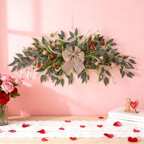 22'' Valentines Wreaths for Front Door Valentines Teardrop Swag Pink and Red Hearts for Valentine's Day, alternate view 2