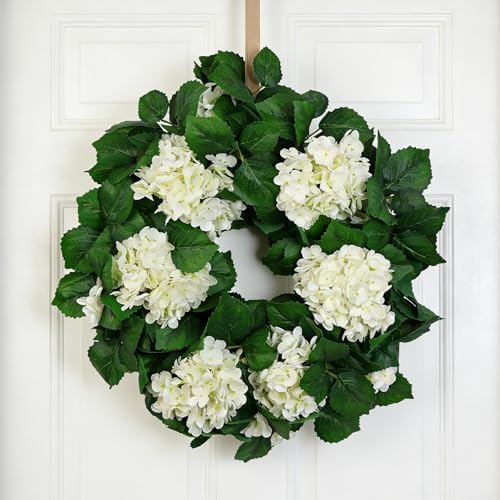 22" White Hydrangea Wreath for Front Door Decor - All-Season Faux Greenery Wreath for Spring, Easter, Wedding &