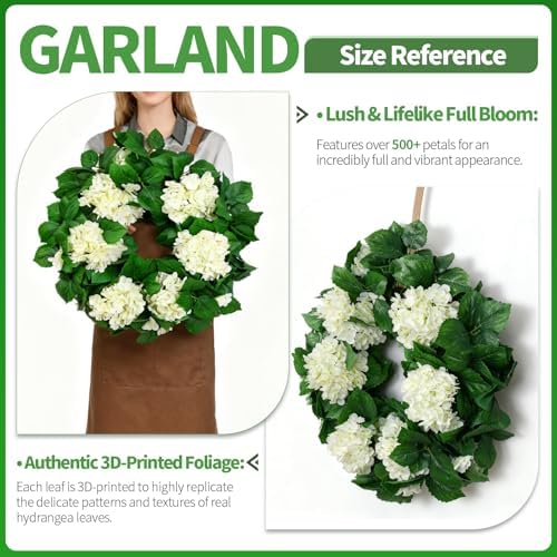 22" White Hydrangea Wreath for Front Door Decor - All-Season Faux Greenery Wreath for Spring, Easter, Wedding &, alternate