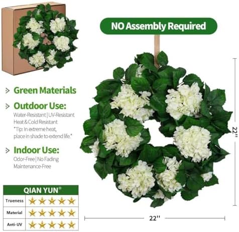 22" White Hydrangea Wreath for Front Door Decor - All-Season Faux Greenery Wreath for Spring, Easter, Wedding &, alternate