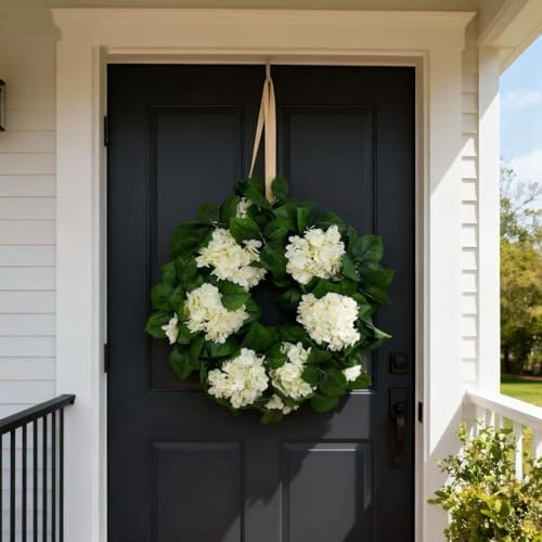 22" White Hydrangea Wreath for Front Door Decor - All-Season Faux Greenery Wreath for Spring, Easter, Wedding &, alternate