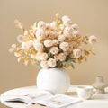 22Pcs Beige Faux Silk Mums with Eucalyptus Artificial Flowers for Vase, 90 Balls Bulk Fake Mini Chrysanthemums