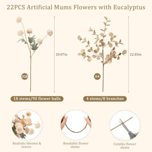 22Pcs Beige Faux Silk Mums with Eucalyptus Artificial Flowers for Vase, 90 Balls Bulk Fake Mini Chrysanthemums, alternate