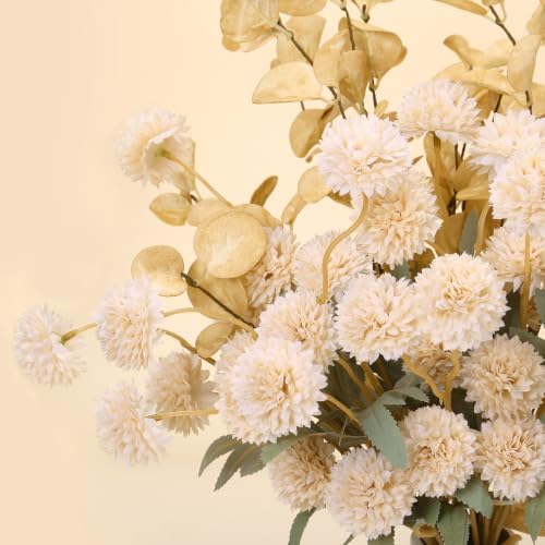 22Pcs Beige Faux Silk Mums with Eucalyptus Artificial Flowers for Vase, 90 Balls Bulk Fake Mini Chrysanthemums, alternate