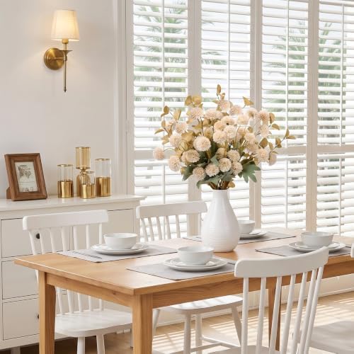 22Pcs Beige Faux Silk Mums with Eucalyptus Artificial Flowers for Vase, 90 Balls Bulk Fake Mini Chrysanthemums, alternate
