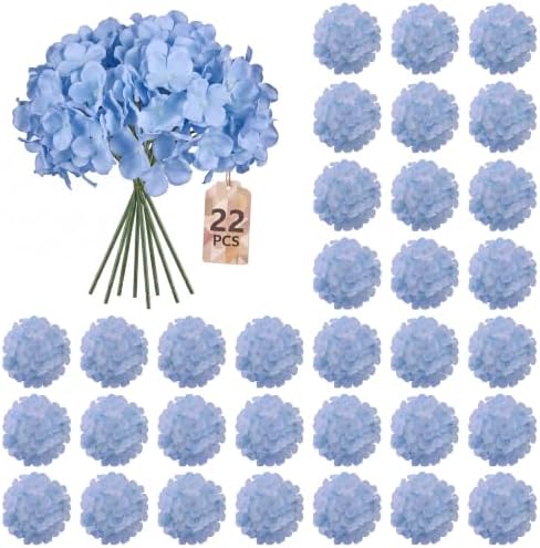 22PCS Blue Hydrangea Artificial Flowers with Stronger Bendable Stems in Blue