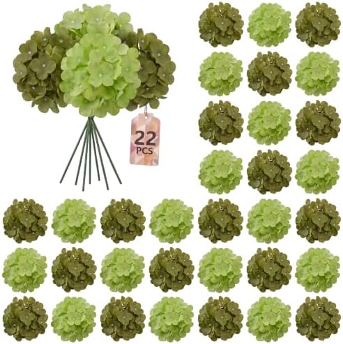 22PCS Green Hydrangea Artificial Flowers with Stronger Bendable Stems in 12 Olive +10 Lime Green
