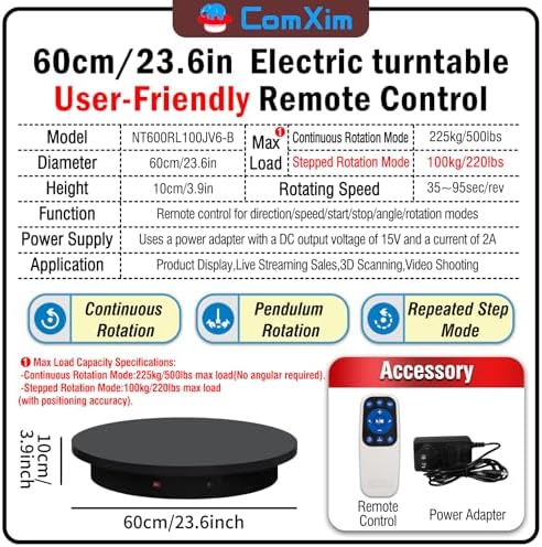 23.6In Remote Large Motorized electric turntable Rotating platform Photography Turntable Motorized lazy susan, alternate view