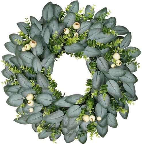 23 Inch Artificial Eucalyptus Wreaths for Front Door, Spring Boxwood Door Wreath with Berries, Summer Green