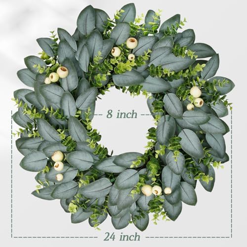 23 Inch Artificial Eucalyptus Wreaths for Front Door, Spring Boxwood Door Wreath with Berries, Summer Green, alternate view 3