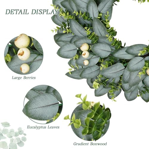 23 Inch Artificial Eucalyptus Wreaths for Front Door, Spring Boxwood Door Wreath with Berries, Summer Green, alternate view 4