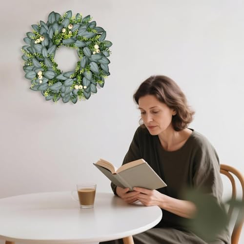 23 Inch Artificial Eucalyptus Wreaths for Front Door, Spring Boxwood Door Wreath with Berries, Summer Green, alternate view 6
