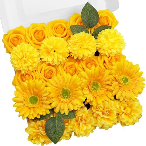 23pcs Artificial Flowers Combo, Bright Yellow Gerbera Daisy Rose in Deep Yellow