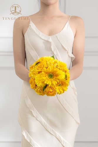 23pcs Artificial Flowers Combo, Bright Yellow Gerbera Daisy Rose in Deep Yellow, alternate view 4