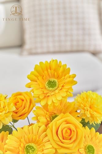23pcs Artificial Flowers Combo, Bright Yellow Gerbera Daisy Rose in Deep Yellow, alternate view 5