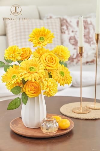 23pcs Artificial Flowers Combo, Bright Yellow Gerbera Daisy Rose in Deep Yellow, alternate view 7