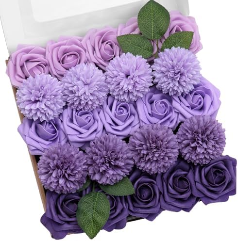23pcs Artificial Wedding Flowers Combo, Rose Pompon Mums Purple in Purple