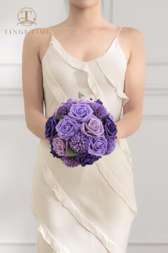 23pcs Artificial Wedding Flowers Combo, Rose Pompon Mums Purple in Purple, alternate view 4