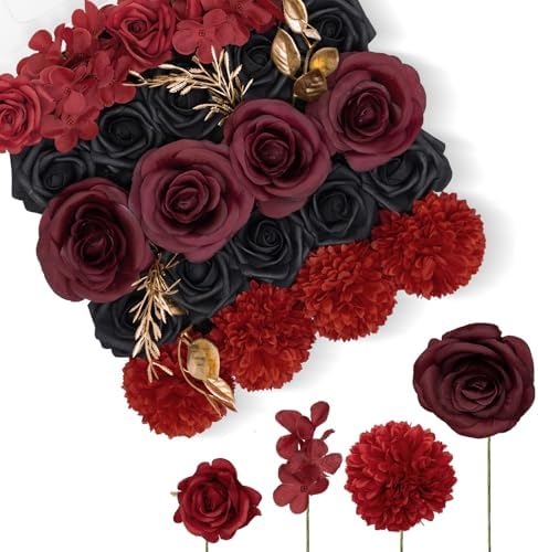 23pcs Gothic Black Red Artificial Flowers Combo, Rose in Gothic Black and Red