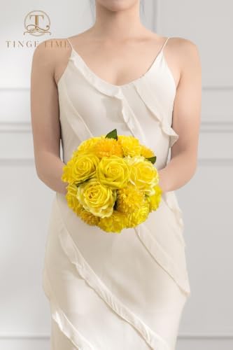 23pcs Wedding Artificial Flowers Combo, Rose Pompon Mums Yellow in Yellow, alternate view 5