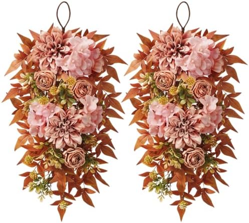 24" Artificial Fall Teardrop Swags for Front Door, 2 Pack in Orange