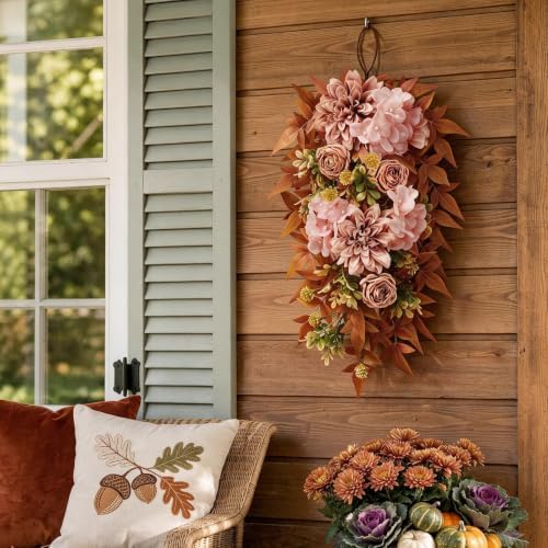 24" Artificial Fall Teardrop Swags for Front Door, 2 Pack in Orange, alternate view 4