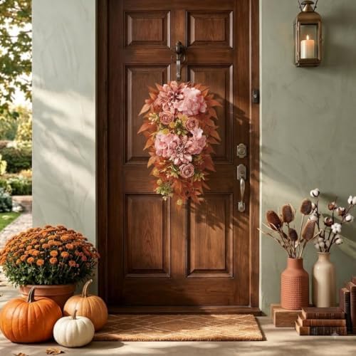 24" Artificial Fall Teardrop Swags for Front Door, 2 Pack in Orange, alternate view 7