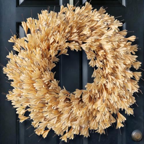 24" Artificial Forsythia Flower Fall Wreath for Front Door Decor (Beige) in Beige, alternate view 2