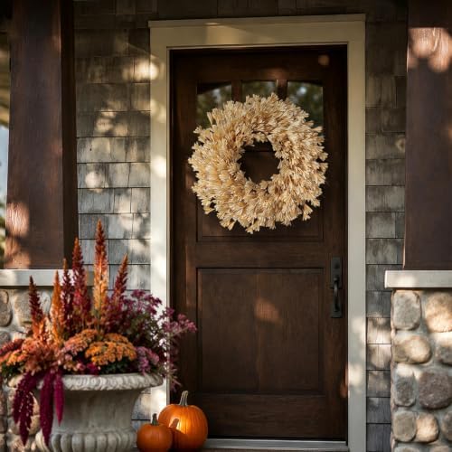 24" Artificial Forsythia Flower Fall Wreath for Front Door Decor (Beige) in Beige, alternate view 3