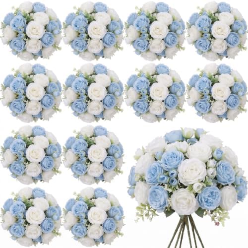 24 Bundles Artificial Peonies Flowers, Blue, White in Blue, White