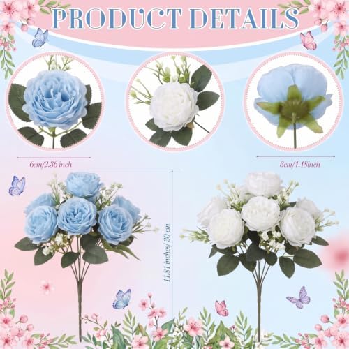 24 Bundles Artificial Peonies Flowers, Blue, White in Blue, White, alternate view 2