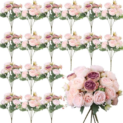 24 Bundles Artificial Peonies Flowers, Dusty Rose, Champagne Pink in Dusty Rose, Champagne Pink