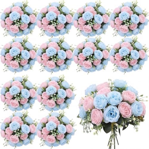 24 Bundles Artificial Peonies Flowers, Light Pink, Light Blue in Light Pink, Light Blue