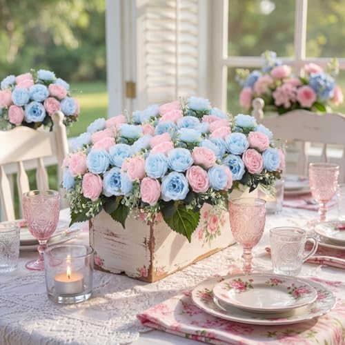 24 Bundles Artificial Peonies Flowers, Light Pink, Light Blue in Light Pink, Light Blue, alternate view 3