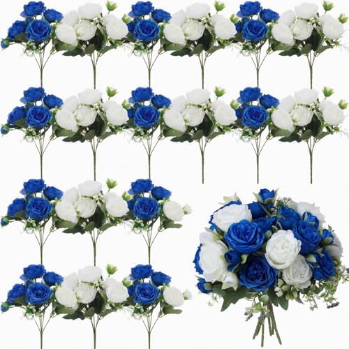 24 Bundles Artificial Peonies Flowers, Royal Blue, White in Royal Blue, White