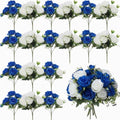 24 Bundles Artificial Peonies Flowers, Royal Blue, White in Royal Blue, White