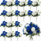 24 Bundles Artificial Peonies Flowers, Royal Blue, White in Royal Blue, White