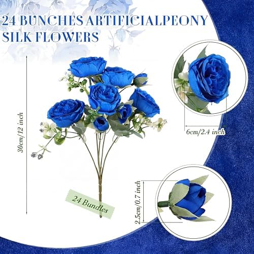 24 Bundles Artificial Peonies Flowers, Royal Blue, White in Royal Blue, White, alternate view 2