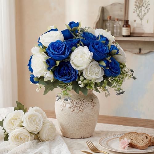 24 Bundles Artificial Peonies Flowers, Royal Blue, White in Royal Blue, White, alternate view 3